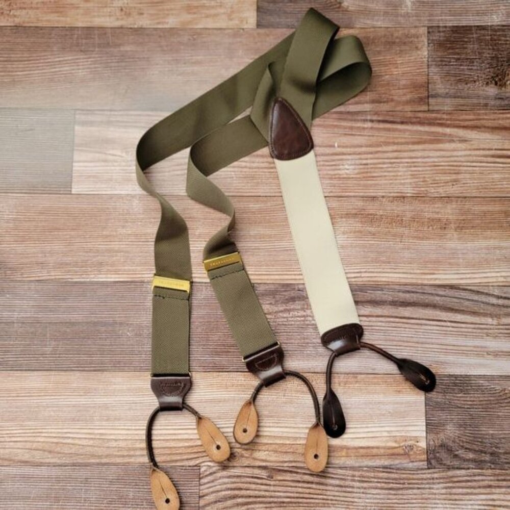 Trafalgar Suspenders Olive Green Ivory Ribbon Leather Button Style Adjustable